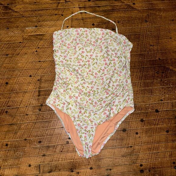 J Crew red & green floral ruched halter 16 one piece swimsuit - Picture 4 of 6